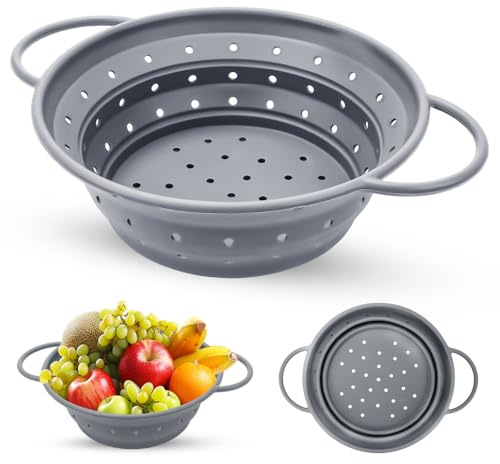 Colador de pasta plegable de silicona, 21,6 cm, colador de cocina con resistente al calor y apto para lavavajillas, colador plegable para pasta, verduras y camping