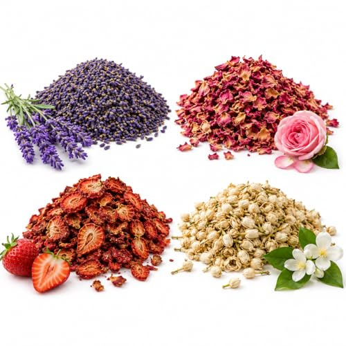 Profumatore Fiori secchi profumati Decorativo per la casa, Confezione da 4 aromi Lavanda Rosa Fragola Gelsomino, Potpourri aromatico per armadi e cassetti, Aroma floreale Durevole, Idea regalo 4x70g