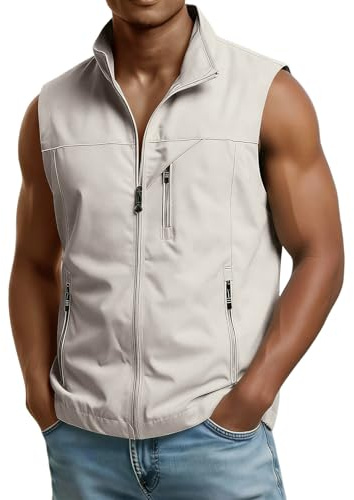 Men's Multifunctional Fishing Vest Sleeveless Vests For Men Uk Utility Zipped Pockets Waistcoat Top Durable Full Zip Summer Casual Camping Running Beige M