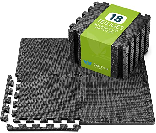 ZenOne Sports® Bodenschutzmatte Fitness I Puzzlematte Boden - 18 Stück, 30x30x1cm I Individuell verlegbare Trainingsmatte für Dein Home Gym I Robuste Bodenmatte für Sportgeräte, Schaumstoffmatte