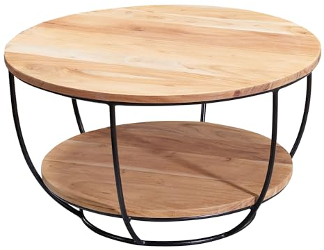 Wohnling Couchtisch 60x34,5x60 cm Akazie Massivholz/Metall Sofatisch, Design Wohnzimmertisch Rund, Stubentisch Industrial Braun, Tisch mit Ablage
