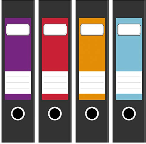 Ordneretiketten | 4 Aufkleber für breite Akten-Ordner | Farb-mix Lila Rot Orange Blau | selbstklebende Design Akten-Etiketten | Deko Sticker für Rückenschilder Ordnerrücken | zum Beschreiben
