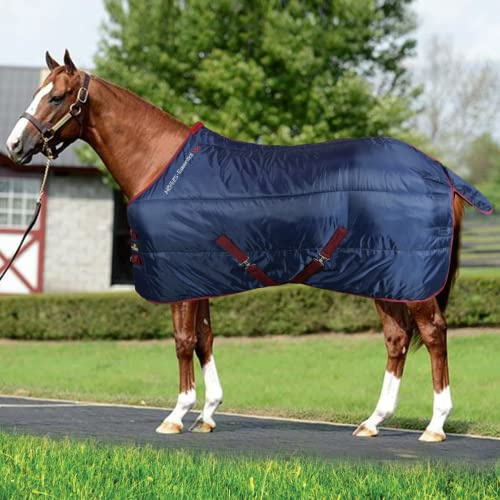 Horses, Couverture de Box Essential 250gr, Couverture de Bonne Facture, Utile pour Protéger Le Cheval des Variations de Température (128 cm, Bleu/Bordeaux)