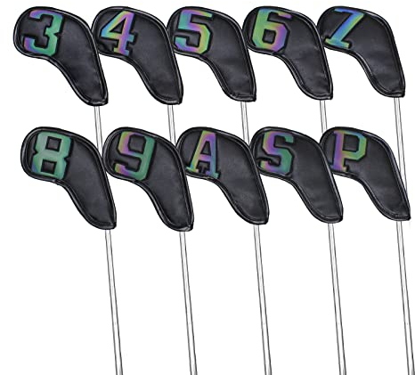Scott Edward 10 Stück Leder-Golfschlägerhauben aus Eisen, starker Magnetverschluss, Langer Hals, Schutz für den Schläger, klare Nummernschilder(Schwarz