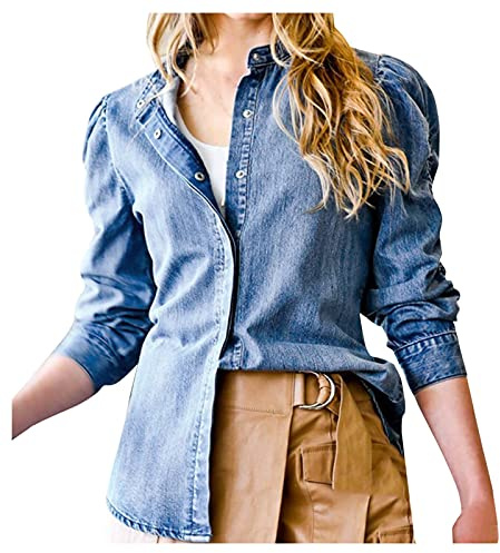 TDEOK Blusa vaquera para mujer, manga larga, azul oscuro, camisa vaquera, chaqueta vaquera con botones, camiseta vaquera, blusa vaquera, camisa vaquera, camisa vaquera, camisa vaquera, cuello en V,