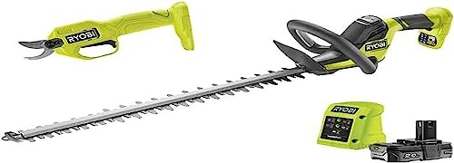 RYOBI - Taille-Haies Linea 18V - Design en Ligne - Lames 55 cm - écartement 24 mm + Sécateur 18V - capacité de Coupe 25 mm / 1 batterie 2Ah et son chargeur