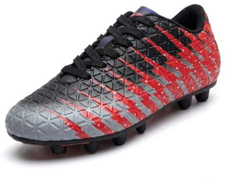 Vizari FG Fotbollsskor barn | Barn fotbollsskor för pojkar flickor | Outdoor Soccer Cleats Turf fotbollsstövlar | Greppbara dubbar för träning och lek, Svart röd silver, 37 EU