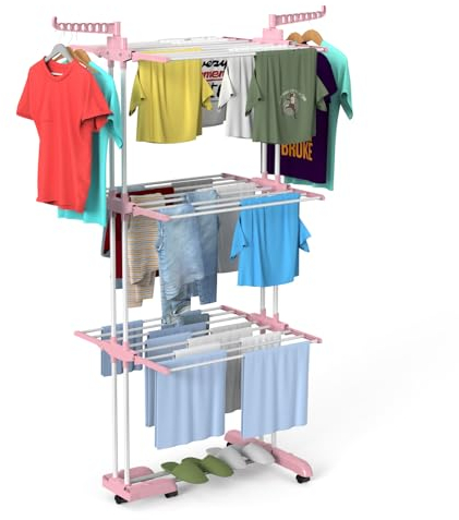 Innotic Stendini Estensibile a 4 Livelli in Metallo, Stendibiancheria Salvaspazio per uso Interno/Esterno,73 x 64x 170 cm (rosa+bianco)