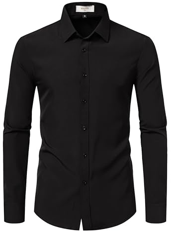 EOUOSS Dress Shirts for Men Stretch Slim Fit Long Sleeve Mens Dress Shirts Casual Business Formal Solid Button Down Shirts Black Medium