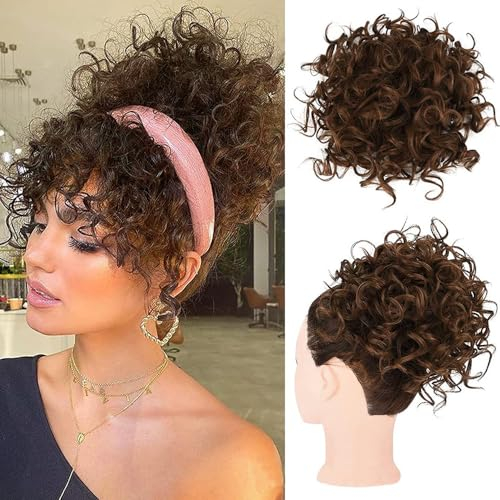 FDEETY Messy Bun Kurze lockige Pferdeschwanzverlängerung Synthetik Haar Scrunchies Groß Dutt Haarteil mit Haaren Klammer Clip Kordelzug Lose Haare Bun Haarverlängerung(Hellbraun)