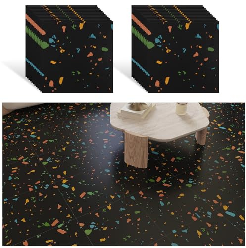 VEELIKE Carrelage Adhesif Sol Granit Noir Dalle Adhesive Sol Marbre 24 Pièces Stickers Carrelage Salle de Bain Carreaux Adhesif Cuisine Salon Toilettes Dalles PVC Garage 30 cm x 30 cm