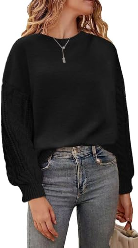 JFAN Pull Femme Hiver Chic et Elegant Pull Chaud à Col Rond et Manches Longues Pullover Casual Femme en Tricot Noir L