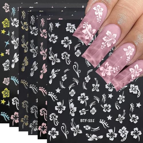 HUTRADE 6 Blätter Hibiskus Flower Nail Decals，3D Nagel Sticker, Versatile, Fashionable ，Nagelsticker Blumen, Blumen Sticker for Unique DIY Nail Art
