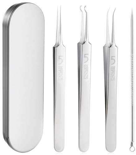 JIEYAO 4 Stück Mitesser Pickel Pinzette, Edelstahl Mitesserentferner Set Komedonenquetscher Blackhead Remover Akne Mitesser Entferner Pickel für Entfernung Von Mitessern Auf Nase Gesichtspflege