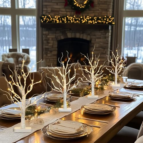 PABIPABI Lighted Birch Tree, Christmas Tree with 24 LED Lights, Tabletop Centerpiece Artificial Tree Lights with Timer for Home Office Bedroom Wedding - Set of 4