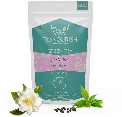 TeaNOURISH Jasmine Delight Green Tee | Darjeeling Loose Leaf Tea with All Powerful Antioxidants | Supports Immunity |Calming, Relaxing & Bedtime Tee | 50 Cups Hot or Iced Tee - 3.53oz/100g