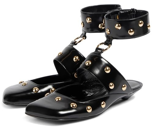 HoanTiai Studded Heeled Sandals Square Toe Tapered Heel Mules Wide Ankle Strap Ballet Flats Trendy Dress Party Pumps Shoes, Black, 9.5