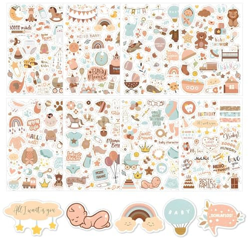 LUHOCIY 408 Piezas 8 Juegos A4 album Fotos Bebe Pegatinas, Diario Embarazo Pegatinas, Pegatinas Album Bebe, Adecuados para Álbumes de Bebé / Diarios de Maternidad / Bautizos / Álbumes de Recortes