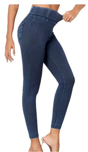 Gellmall Legging aspect jean pour femme - Taille haute - Jeans élastique - Pantalon long skinny - Treggings - Pantalon de yoga - Pantalon de fitness - S-XL, bleu, L