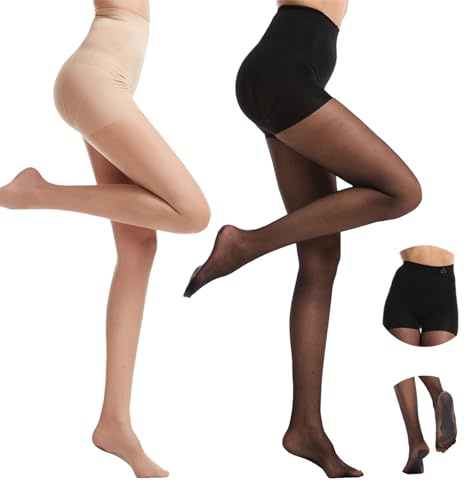 UoQo 2 par kvinnors magkontroll tights hög midja icke-slip sheer tights hip lyft ultra tunna strumpbyxor för daglig balet dans 12 denier, Svart + naturlig, one size
