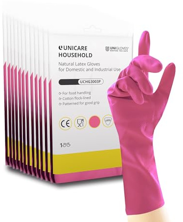 UNIGLOVES Unicare Household Pink - Latex Reusable Household Gloves for Cleaning, Washing up and Food Processing - 12 Pairs - Size M