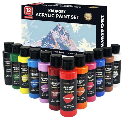 KINSPORY Acrylic Paint Set 12 x 60 ml - Water-Resistant, Assorted Colors for Beginners, Artists, Kids - Multi-Surface Art Supplies for Canvas, Wood, Rocks