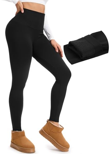 yeuG Fleece Lined Leggings for Women Thermal High Waisted Tummy Control Seamless Workout Yoga Pants(Black,Small-Medium)