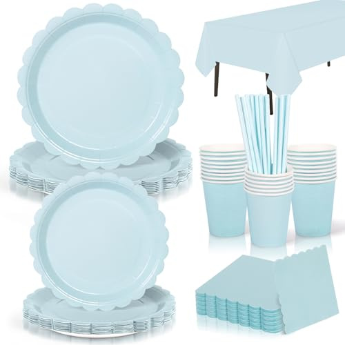 Yidaxing Stoviglie per Feste di Compleanno Blu Cielo, 81 Pezzi Stoviglie Azzurro, Piatti Usa e Getta Tazze Cannucce Tovaglioli Tovaglia per Matrimonio Compleanno Baby Shower Riunione, 16 Ospiti