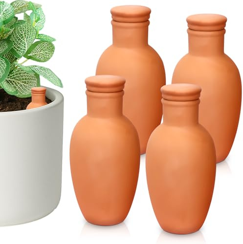 Malloom 4 Ollas Watering Pots, Terracotta Planter Inserts, 8 x 16.5cm | Clay irrigation pots for outdoor plants, designed for soil placement to support a simple watering routine in your own garden.