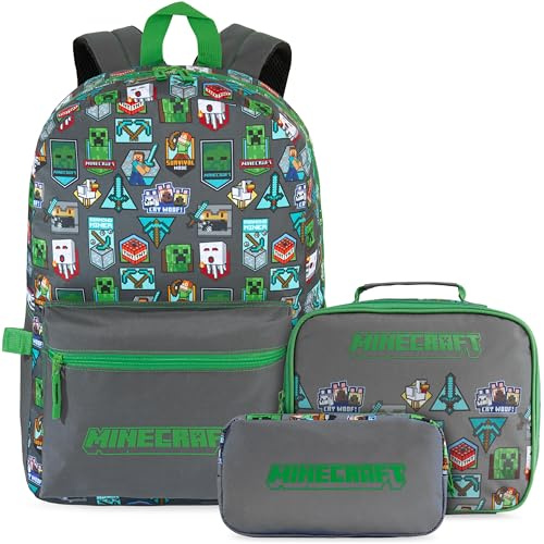 Get Trend Minecraft Kids Backpack Set for Boys with Insulated Lunch Bag & Pencil Case, 3 Pc Book Bag with Padded Straps for School, Travel, Creeper Gamer Gifts for Boys (Grey/Green Minecraft)
