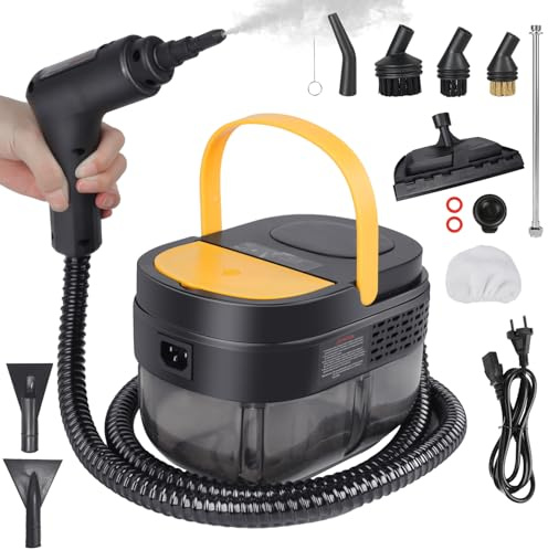 Pulitore a Vapore 2500W, Serbatoio Acqua 1600ML, Maniglia Regolabile in 3 Livelli, Alta Temperatura 105℃ e Pressione 3Bar, Riscaldamento Rapido 15s, 10 Accessori, per Auto, Finestre, Cucina (Giallo)