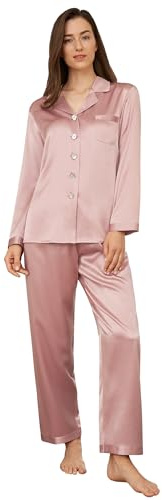 LilySilk Damen 100% Reiner Seide Pyjama-Set Frauen Luxus Langarm-Oberteil mit Knopfleiste und elastischer Unterteil-Loungewear-Schlafanzug(Altrosa,L)