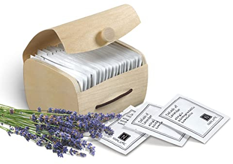 Nabila K Lavender Moist Towelettes - 20 Individually Wrapped Single-Use Wipes with Bamboo Gift Case - Alcohol-Free, Plant-Based, Biodegradable - Travel, Guest Bathroom, Spa, Events