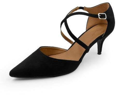 Womens Court Shoes Ankle Strap Low Kitten Heel Shoes Ladies Comfort Plus Large Size Wedding Evening Party Classic Work Shoes Black Faux Suede