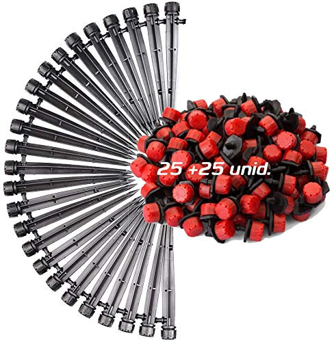 Pack de Goteo para riego Gota a Gota. 25 Goteros Regulables de 0 a 70 l/Hora + 25 Goteros Regulables de 0 a 70 l/Hora con estaca.