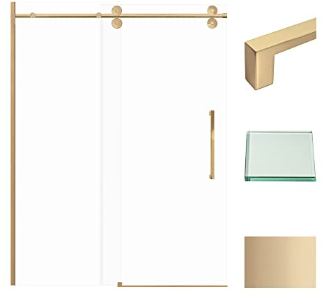 Transolid TBD608010C-S-CB Teegan 56.5-59 in. W x 80 in. H Semi-Frameless Sliding Barn Shower Door with Fixed Panel in Champagne Bronze with Clear Glass and Sabrina Handles