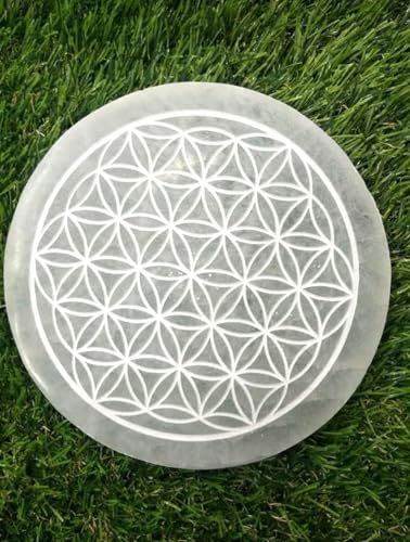 crystalmiracle selenit 7,6 cm etsad rund laddningsplatta kristall helande ädelsten gåva positiv energi meditation välbefinnande handgjord