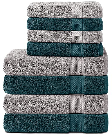 Komfortec 8er Handtuch Set aus 100% Baumwolle, 4 Badetücher 70x140 und 4 Handtücher 50x100 cm, Frottee, Weich,Groß, Silber/Petrol