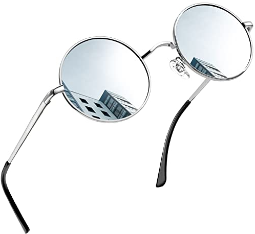 Joopin Verspiegelte Runde Sonnenbrille Herren Polarisierte Klassische und Vintage Sonnenbrille Damen Silber Hippie Steampunk UV400 mit Metallrahmen (Silber Verspiegelt)
