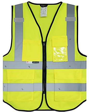 Salzmann Warnweste - Hergestellt mit 3M Reflektierendem Material - Mit 4 Vordertaschen und Reißverschluss