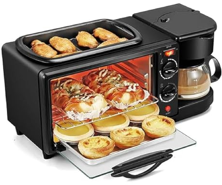 Estación de Desayuno 3 en 1, Horno Tostador con Sartén y Cafetera, Plancha Antiadherente, Horno Tostador de 12 L Máquina de Desayuno Versátil para Pan, Huevo, Sándwich,