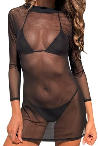 MIZSPISE Damen Badeanzug Cover Up Langes Strandkleid Sexy Bodycon Durchsichtiges Blusenkleid Tüll Minirock mit Langen (DE/NL/SE/PL, Alphanumerisch, Einheitsgröße, Regular, Regular, Schwarz)