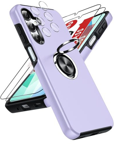 LeYi for Samsung Galaxy A16 4G/5G Phone Case with 2 Tempered Glass Screen Protector, 2 Camera Lens Protector and Invisible Phone Ring Holder, Shockproof Protective Cover for Samsung A 16 - Purple