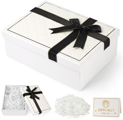 White Gift Boxes with Lids, 25x18x8.5cm Gift Boxes for Presents with Ribbon Bowknot, Card & Shredded Paper, Gift Box for Christmas Day,Christmas Eve,Anniversaries,Birthday, Weddings,Valentine's Day