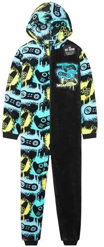 Get Trend Schlafoverall Kinder & Teenager, Fleece Pyjama Overall mit Kapuze, Gamer Onesie Schlafanzug, Geschenk für Jungen (11-12 Jahre, Multi Gaming)