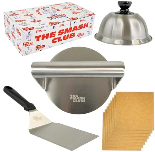 takko livin ® The Smash Club Prensa Smash Burger + Bowls Ketchup Mahonesa Regalo- Aplastador de Hamburguesas Profesional de Acero Inoxidable 304 - Smasher Hamburguesa Plancha Antihaderente