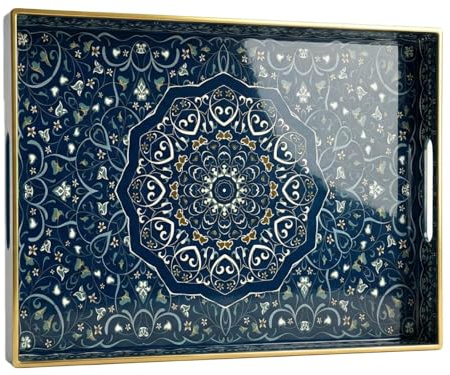 Simmer Stone Rektangulär – dekorativ bricka i plast med handtag, modern fåfänga för ottoman, soffbord, kök och badrum 39,9 x 30 cm (blå labyrint)