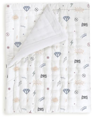 MakeMake Organics Organic Baby Comforter GOTS Certified Organic Kids Blanket Cotton Infill Tufted - Reversible Ultra Soft Breathable Boys Girls Superheros (30x40, Mighty Heros)