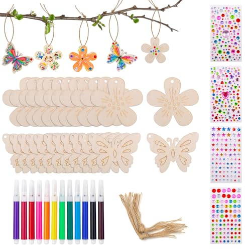 Griwuut Lot de 40 kits de bricolage, pendentifs en bois, papillon, fleur, à peindre, kits créatifs avec stylo aquarelle et autocollants en pierres précieuses pour anniversaire