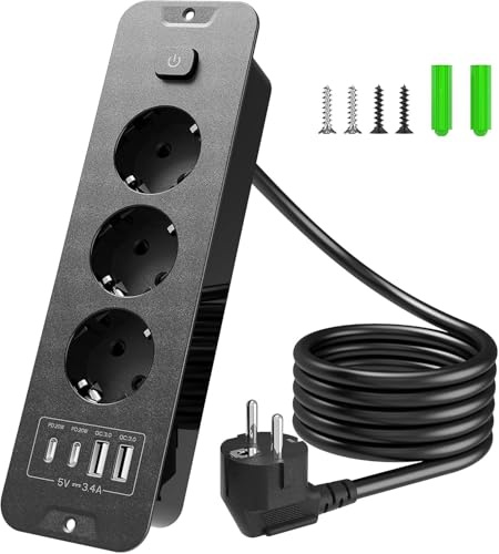 Inhwatek grenuttag med USB (PD 20W), 3-vägs inbyggt uttag, 7-i-1 infällbart uttag bordsuttag, flera uttag med 2 m kabel för kök kontor arbetsplats, 16 A/4 000 W